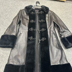 1960's Women's Black Leather & Faux Fur Button & Loop Coat